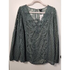 NWT Torrid Lace Sheer Green Tunic Top Long Sleeve Size 12 Lrg 0 V-Neck Keyhole